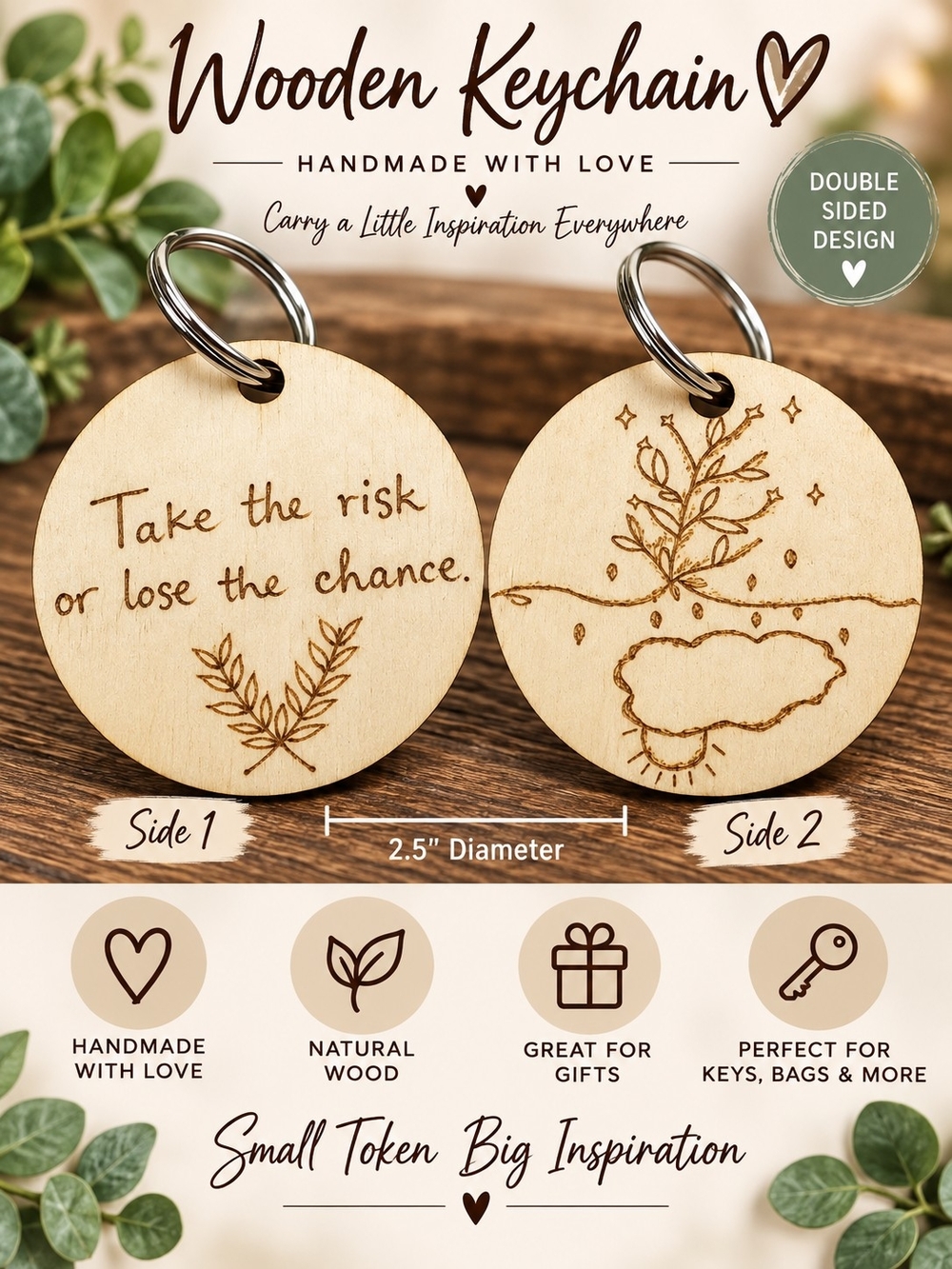 A178. Engraved Wooden Keychain in Cream & Brown NWT